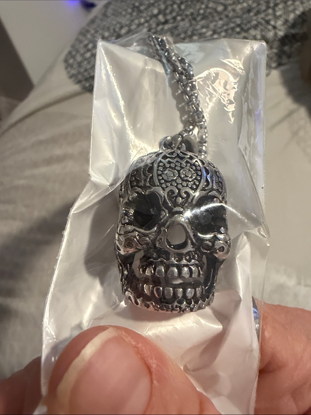 Silver Skull Pendant Necklace - Ornate Day of the Dead Design